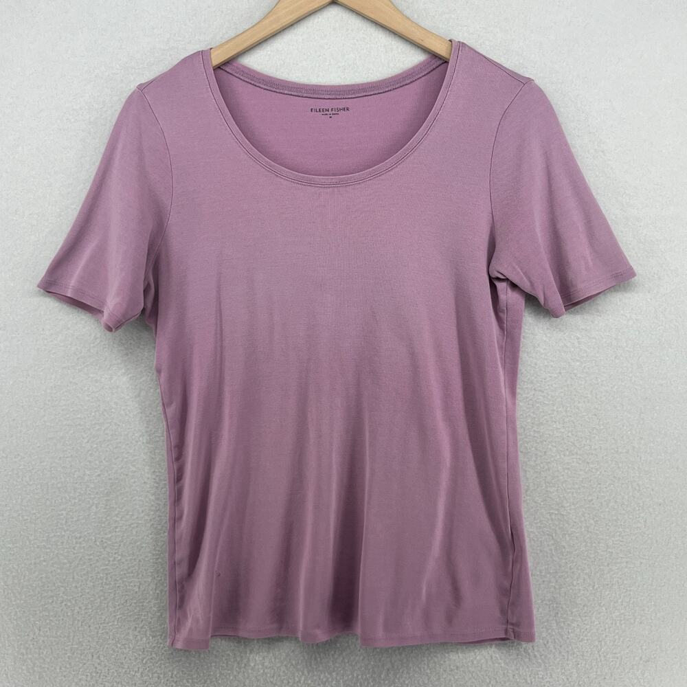 EILEEN FISHER Top M Organic Cotton Ribbed Jersey Scoop Neck Short Sleeve Purple